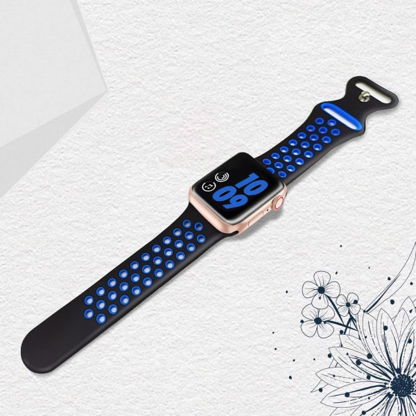 Yhteensopiva Apple Watch Ranneke miesten naisten kanssa, hengittävä silikoni Sport-korvausranneke koko: 42/44/45/49mm/Black&Blue