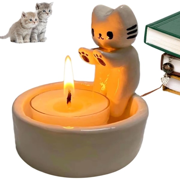 Tegnefilm killing lysestage, sød kat, håndlavet keramisk lysestage, Kitty Warming Its Paws Sød duftlysholder, Cat Lover Choice Decor, Hvid