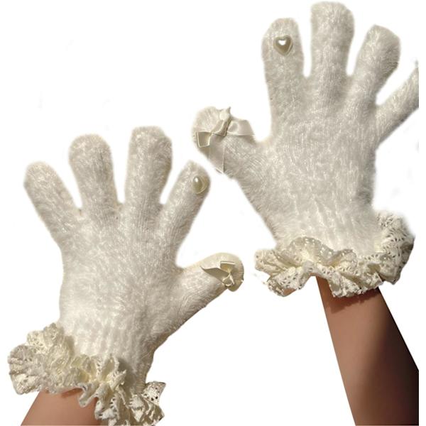 Børne Vinter Fortykkede Varme Handsker JK Børn Pige Sød Hjerte Sløjfe Ruffle Lace Trim Pels Plys Fuld Finger Handsker Varme,S