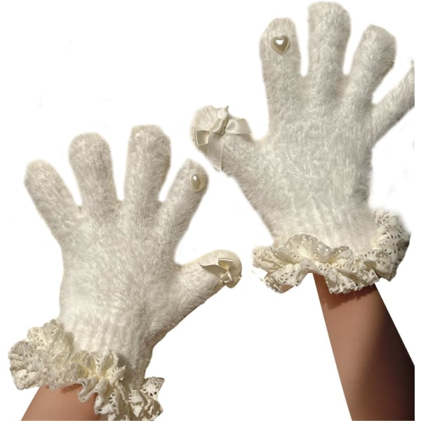 Children Winter Thickened Warm Gloves JK Kids Girl Cute Heart Bowknot Ruffle Lace Trim Furry Plush Full Finger Gloves Warm,M