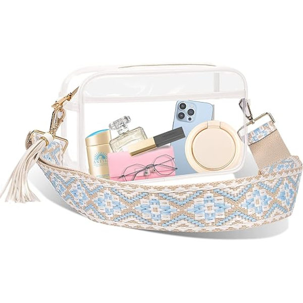 Läpinäkyvä crossbody-laukku, läpinäkyvä käsilaukku kitaran paksuisella hihnalla konsertteihin, urheilutapahtumiin ja festivaaleille