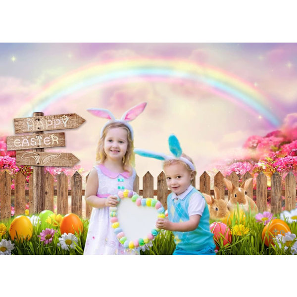Forår Påske Baggrund Farverige Æg Kanin Med Regnbue Baggrund Til Påskefest Dekoration Baby Shower Studio Rekvisitter 12395 (7x5FT)