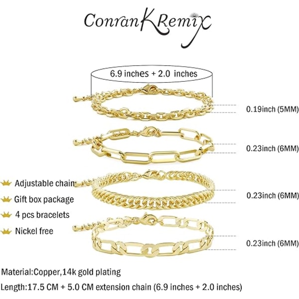 Guldkæde armbåndssæt til kvinder piger 14K guldbelagte Dainty Link Papirclips Armbånd Stake Justerbar Lagdelt Metal Link Armbånd Sæt