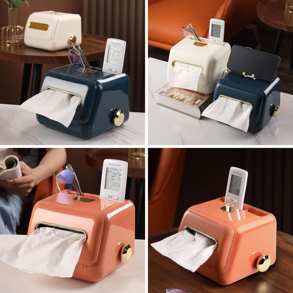 Retro Tissue Cover Box med opbevaringsbakke, Tissue Holder, Facial Paper Organizer, til køkken, badeværelsesforfængelighedsbordplader, soveværelseskommoder（Blå）