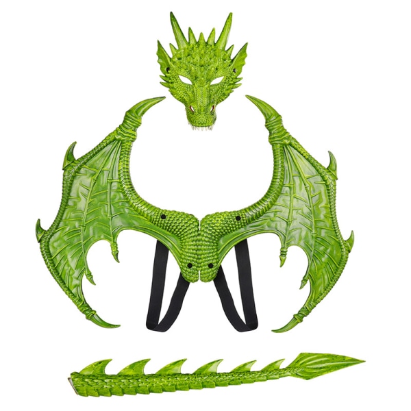 Grønt RP Dragon Wings sæt med tre, halloween cosplay tredelt dragt, drage vinger og hale maske sæt
