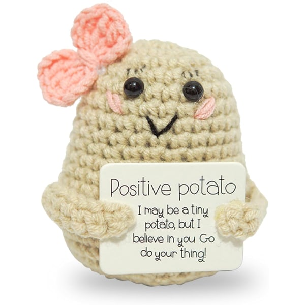 Mini rolig positiv potatis, stickleksak i mjuk ull 2 ​​tums söt virkad docka med positivt kort Dekorationsuppmuntrande stöd (# fluga-1 st)