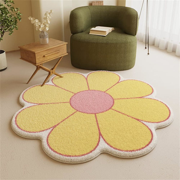 Mjuk fluffig blommatta för barnrum, kronbladsformad lurvig matta, halkfri rund nordisk dekormatta för sovrum, vardagsrum (80 cm, gul)