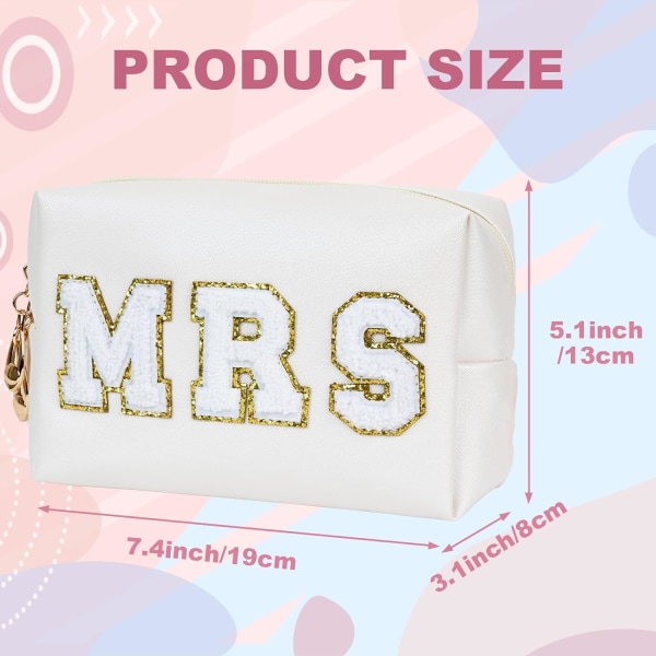 Bride Gifts MRS Patch Travel Makeup Bag Varsity Letter Cosmetic Toiletry Bag Letter Patches White Makeup PU Bag,MRS