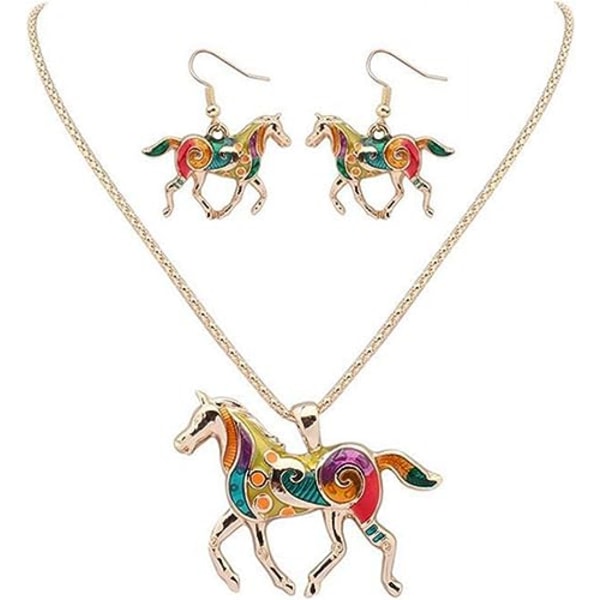 Charms Enamel Rainbow Horse Pendant Halsband med Örhängen Smyckeset