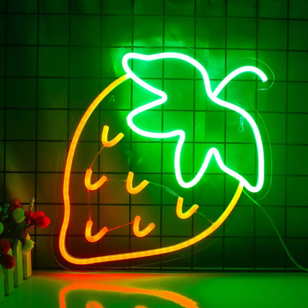Jordbær Neon Skilt Rød Grønn Jordbær Led Skilt Fruktform Neon Lys for Soverom Veggdekor, Bar, Fruktbutikk, Restaurant (15*13 tommer)