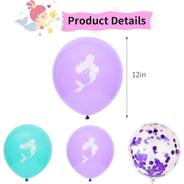 Havfrue Balloner Fødselsdagsfest, 12 Tommer Havfrue Fødselsdagsfest Dekorationer Forsyninger Lilla Teal Blå Konfetti Helium Latex Balloner