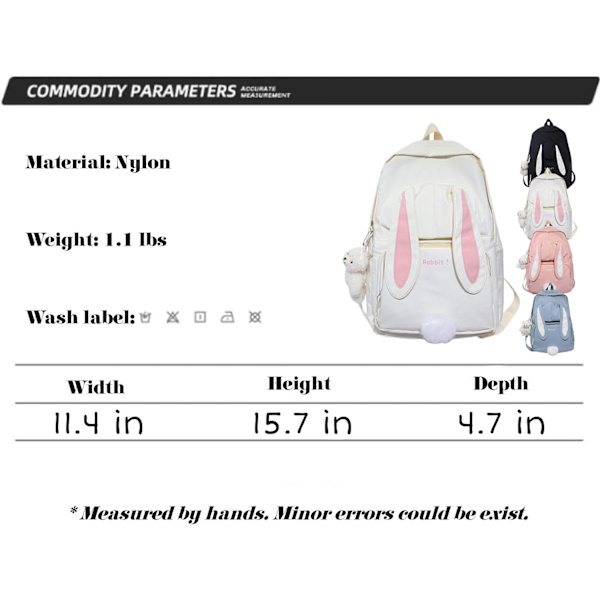 Kawaii Kanin Rygsæk med Søde Tilbehør Stor Kapacitet Rygsæk Unisex Stilfuld Rejsetaske Let Rygsæk (Pink)