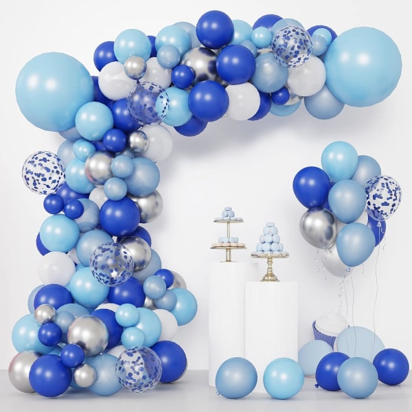 130 st Blå Ballonger Garland Arch Kit, Kungsblå och Baby Vit Krom Sliver Ballonger Båge för dusch Födelsedagsavslutningsfestdekorationer