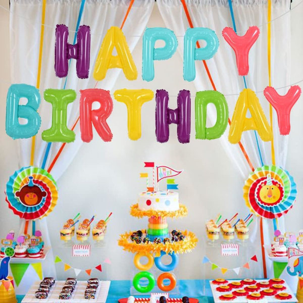 Coloful Macaron Rainbow Happy Birthday Ballonger Banner med båndhalm, 16 tommers Mylar Folie Bokstaver Bursdag