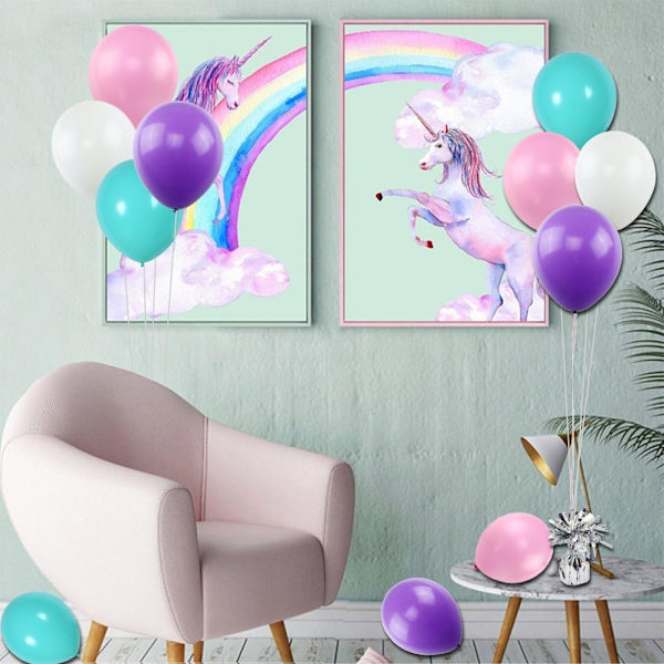 100 stk. Enhjørning Balloner, Hvide Lilla Rosa Blå Assorterede Latex Balloner til Baby Shower Fødselsdagsfest Dekorationer, 2 Ruller Bånd