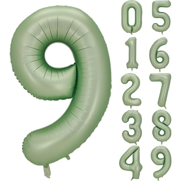 Nummer 9 ballong, stort antall ballonger 40 tommer, 9. bursdagsfestdekorasjoner niende år gamle bursdagsskiltdekor, salviegrønn