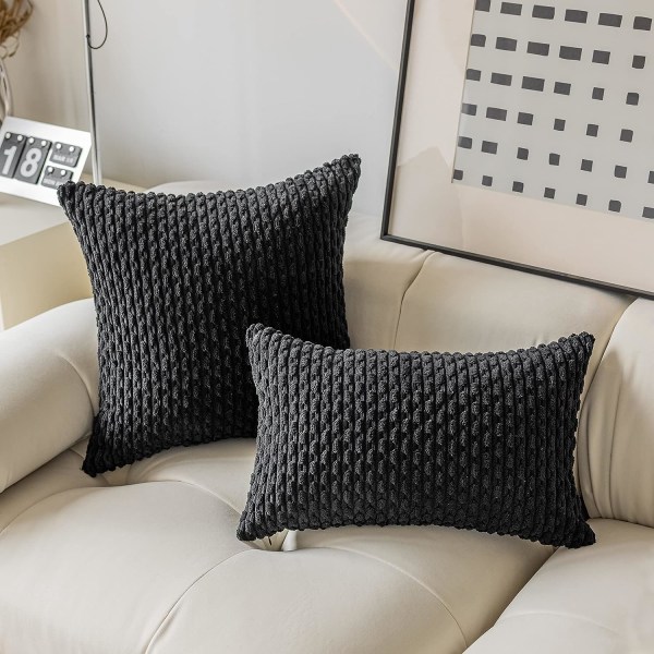 Putetrekk Corduroy firkantet putetrekk med striper Etuier for soveromssofa Stue sofa, sett med 2, 18x18 tommer, svart