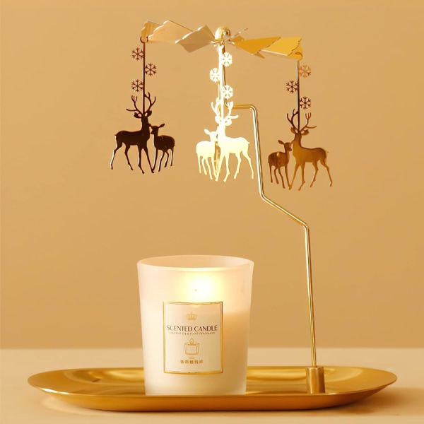 Snurrende lysestage med bakke, Glod Carousel Candle Spinner, Roterende Metal fyrfadsstage til bordcenter (Gold Dreamcatcher)