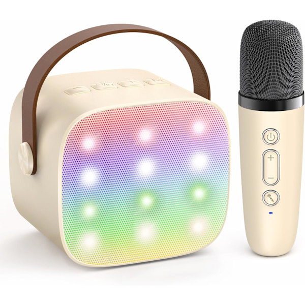 Mini Karaoke-maskin för Barn och Vuxna, Portabel Bluetooth-högtalare med 1 Trådlös Mikrofon, Leksaker Födelsedagspresenter för Flickor Åldrarna 4, 5, 6, 7, 8, 9, 10, 11, Beige-1MIC