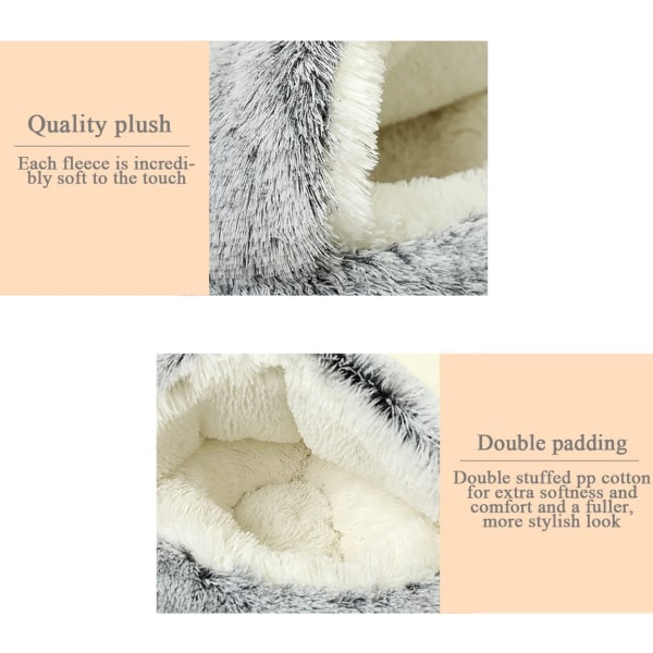 Fluffig plysch lugnande säng för hundar under 10 kg, tvättbar ångestdämpande hundsäng för små medelstora hundar, mjuk varm munkbädd inomhus (65 cm, grå)