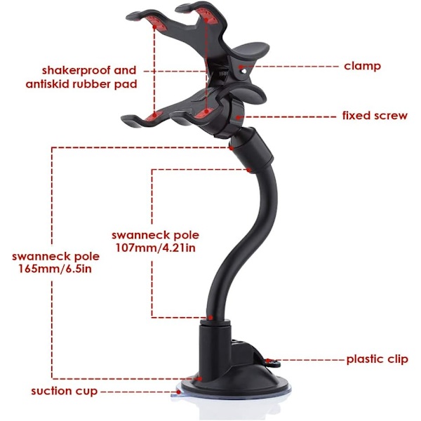 Pakke med 2 360° Telefonholder Bilmontering Universal Sugekop Lang Arm Forrude Montering Smartphone Holder til Telefon - Sort/Rød