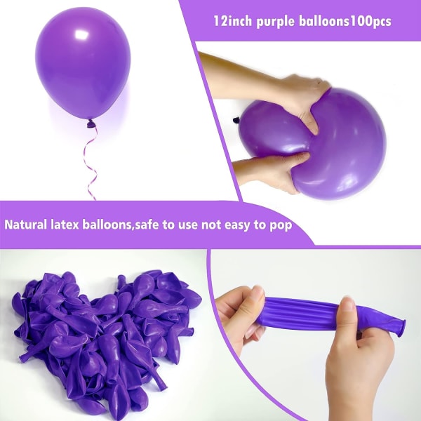 Lilla ballonger 12 tommer, 100 pakke lilla lateksballonger heliumkvalitet for Halloween-bursdagspynt til babydusjfest (med lilla bånd)