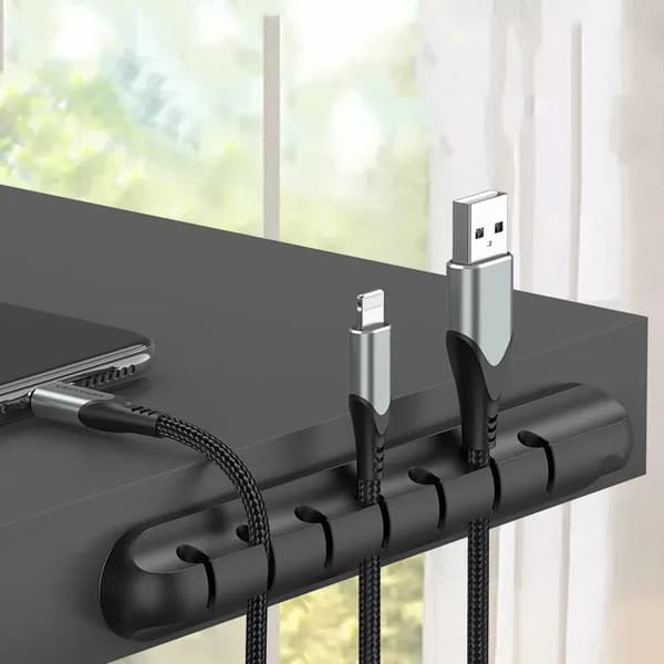 Silikon USB-kabelarrangør til skrivebord - Sort 3 clips