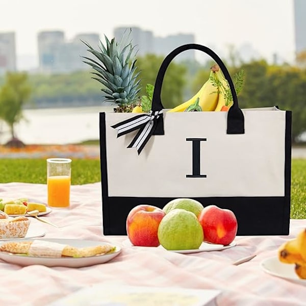 Personlig strandväska i canvas med initialer, monogrammerad presentkasse för kvinnor