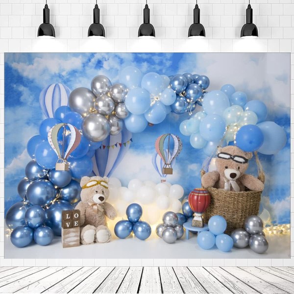 Blue Balloons Backdrop Bear Baby Shower Tausta söpölle karhunukkelle Sininen taivas Kuumailmapallot Valokuvaus Tausta Baby Shower 7x5ft