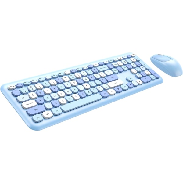 Kombination af trådløst tastatur og mus, 2,4 GHz farverig sød tastaturmus i fuld størrelse med retro skrivemaskine, fleksible runde taster (B-Blue Colorful)