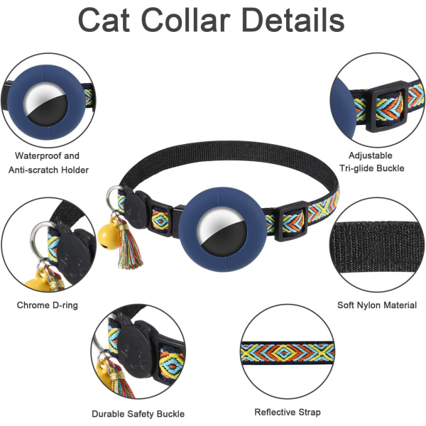 Airtag-kattehalsbånd med sikkerhedsspændeklokke og kvast 1,1 cm bred vandtæt Airtag Breakaway-kattehalsbånd Anti Choke til katte Hundehvalp (mørkeblå)