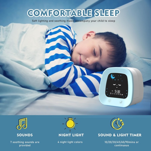 Barnevekkerklokker, søt vekkerklokke for barns søvntreningsklokke med lydmaskin, nattlys, naptimer, digital vekkeklokke