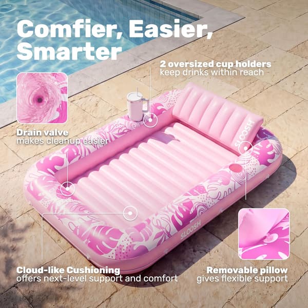 Inflatable Pool Lounger, 180 x 118 cm Extra Large Pool Float for Adults with Pillow, 4-in-1 Sunbathing Pool Float, Sunbed Lounge Pink