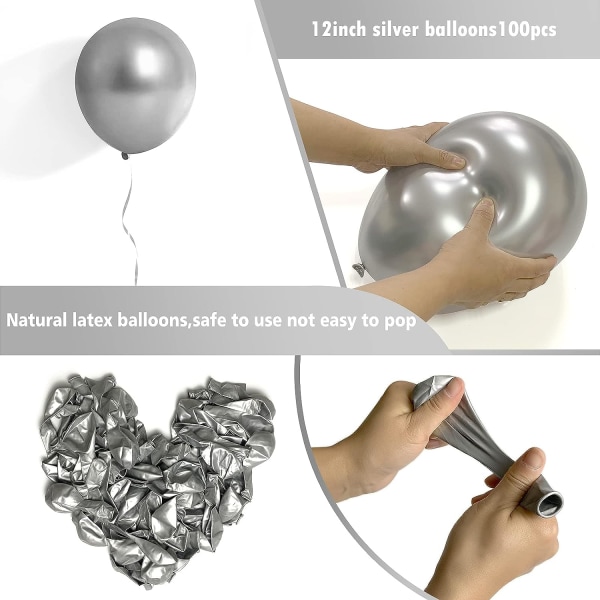 Metalliska silverballonger 12 tum, 100-pack kromsilver latexballonger för födelsedag, babyshower, disco, juldekorationer