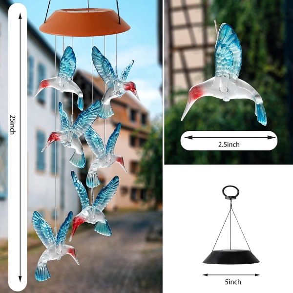 Kolibri Solcelledrevne Vindspil Farveskiftende, Vindspil Solcelledrevne Lys til Hjemmefest Have Have Julepynt(Blå)