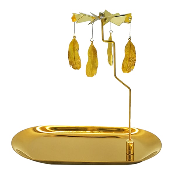 Pyörivä kynttilänjalka tarjottimella, Glod Carousel -kynttilänjalka, pyörivä metallinen teevalokynttilänjalka pöydän keskiosaan (kultainen sulka)