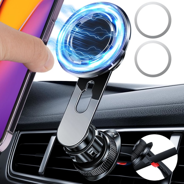 Magnetisk biltelefonholder, 360° rotasjonsluftventilholder 2023, med 2 magnetiske ark, 42 ​​N52 kraftige magneter, for i-Phone 14 13 12 Pro Max Mini XS