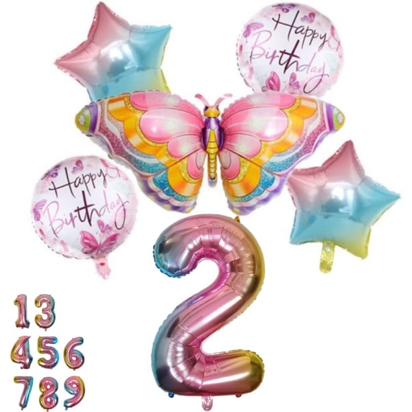 Butterfly Balloon Birthday Decoration 2 Years Set - Butterfly Party, Number 2 Balloon Pink Rainbow, Folie Ballong Dyr Gratulerer med bursdagen dekorasjoner