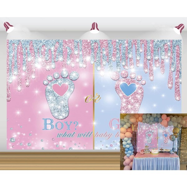 7*5 ft, Little Feet Gender Reveal Backdrop Pojke eller flicka Rosa Blå Baby Reveal Party Fotografi bakgrund