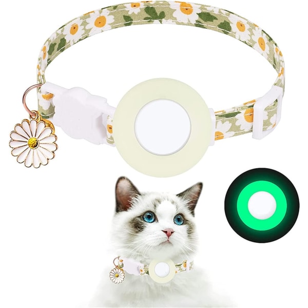 AirTag katthalsband, kattungehalsband med silikonhållare, lättviktshalsband med klockor och blomsterberlock ljusgrönt