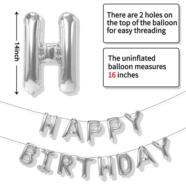 Hopeinen Happy Birthday Balloons -banneri, 16 tuuman Mylar-folioilmapallokirjaimet syntymäpäiväkylttibanneri, uudelleenkäytettävät syntymäpäiväilmapallot -pakkaus syntymäpäiväkoristeet