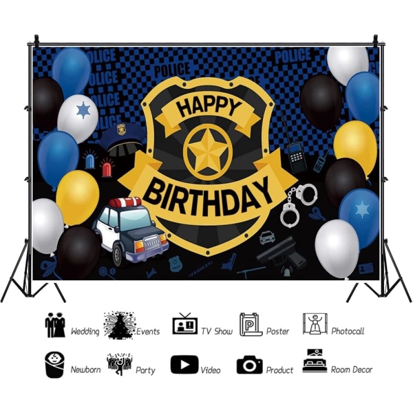 7x5ft Happy Birthday Fotografi Bakgrund Polis Tema Pojkar 1:a Födelsedagsfest Banner Bakgrund Dekoration Färgglada Ballonger Porträtt Banner