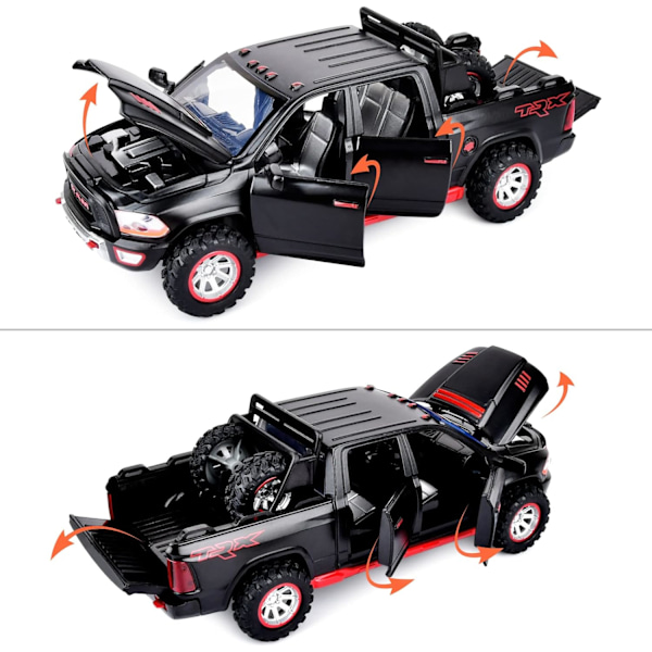 RAM 1500 lava-autolelut pojille 4-7-vuotiaille, painevalettu metallimalliautot, avattavat ovet, vetämällä taaksepäin -leluautot valoilla ja äänillä, musta