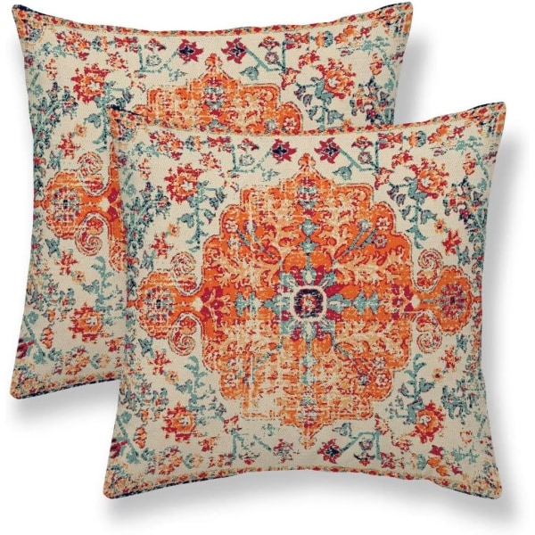 Brent oransje Boho putetrekk 18x18 sett med 2, teppe etnisk mønster Putetrekk Lin dekorative gaver til sofa sofa innendørs utendørs