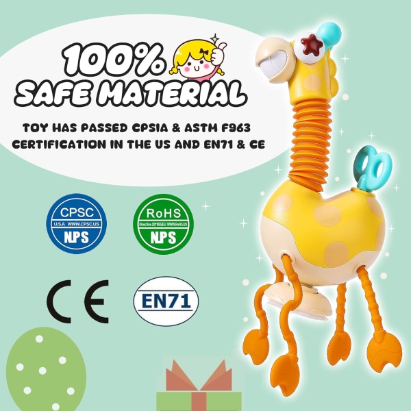 Sensoriska leksaker för småbarn, Monterssori-teleskopisk sugkopp giraffleksak, Aktivitetsleksak med dragsnöre av livsmedelskvalitet med halspopprör, vridande urverk
