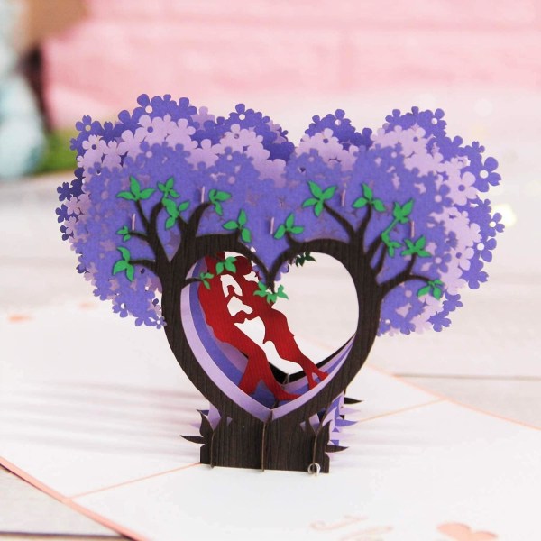 Jubilæums pop-up-kort med kysse hjerte wisteria design, 1. bryllupsdag pop-up-kort til par, kone, mand, kæreste
