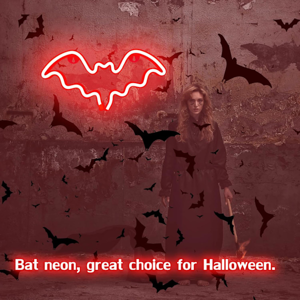 Halloween Bat Neon Skilt, Vægdekoration, Bat Form Lampe med Batteri eller USB Strømforsyning til Halloween Fest, Bar, Værelse Dekoration, Børnegave (rød)