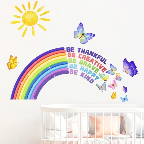 Farverig regnbuesol med sommerfugle vægklistermærker Vær taknemmelig Motiverende citater vægklistermærker til børneværelset Legeværelse for børn