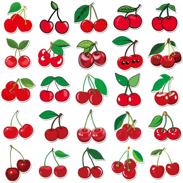 Körsbärsklistermärken Pack Estetiska Vattentäta Cartoon Vinyl Klistermärken för Hydroflasks Laptop Vattenflaskor Bil Scrapbook, Fruktdekaler Pack(Cherry-50Pcs)