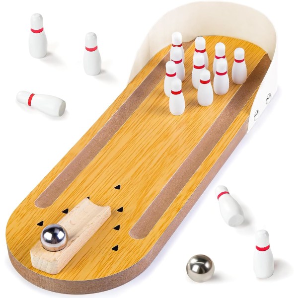 Mini bowling sæt, træ bordbowling spil skrivebordslegetøj desktop bowling hjem bowlingbaner, skrivebordsgaver til kolleger, sjove gag-gaver